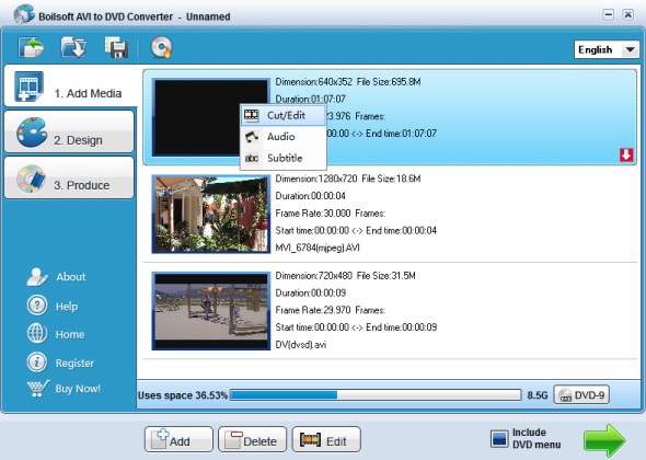 Convert and burn AVI, M2V, MPEG, MPG, DAT and VOB formats to DVD discs.