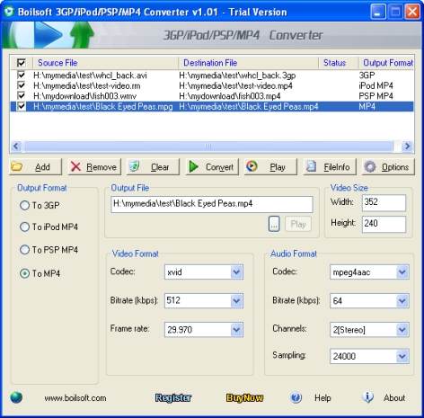 Screenshot of Boilsoft 3GP/iPod/PSP/MP4 Converter