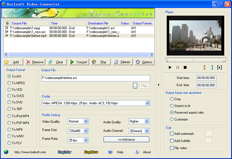 A powerful converter converts WMV to AVI, MP4, MPEG, DVD, FLV, VCD, 3GP, ect..